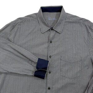 Tasso Elba Reverse Cuff‎ Button Up Dress Shirt Blue Check Cotton Mens XL 17-17½